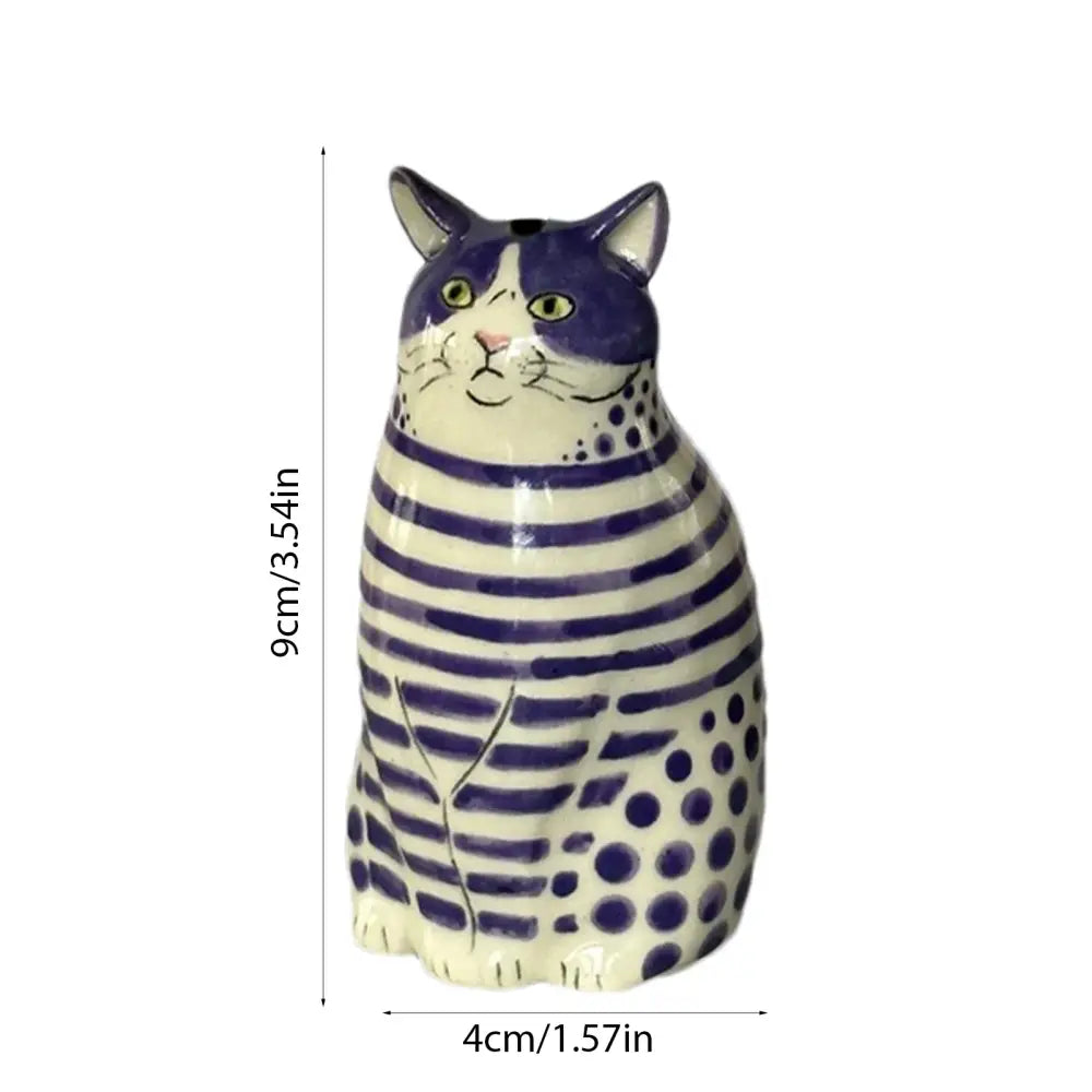 DecorBites™ cat polka dot resin flower bud vase with white and purple striped dot cat design and green eyes