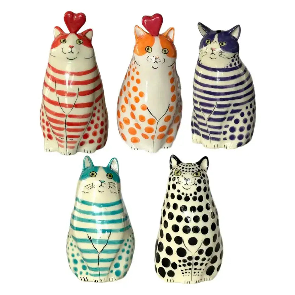 DecorBites™ cat polka dot resin flower bud vases in five colors featuring unique dot cat and stripe patterns