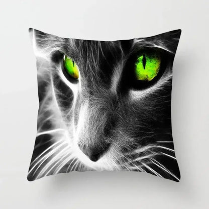 Square decorbites cat printed plush cushion cover with black and white cat face and vivid green eyes for living room