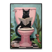 Decorbites™ cat reading on toilet canvas wall art features a black cat with green eyes on a pink toilet reading a newspaper