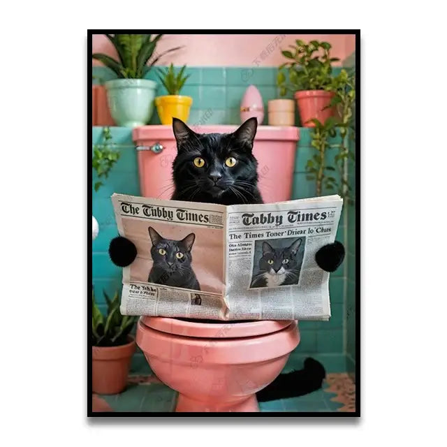 DecorBites™ cat reading wall art features a black cat with yellow eyes on a pink toilet canvas