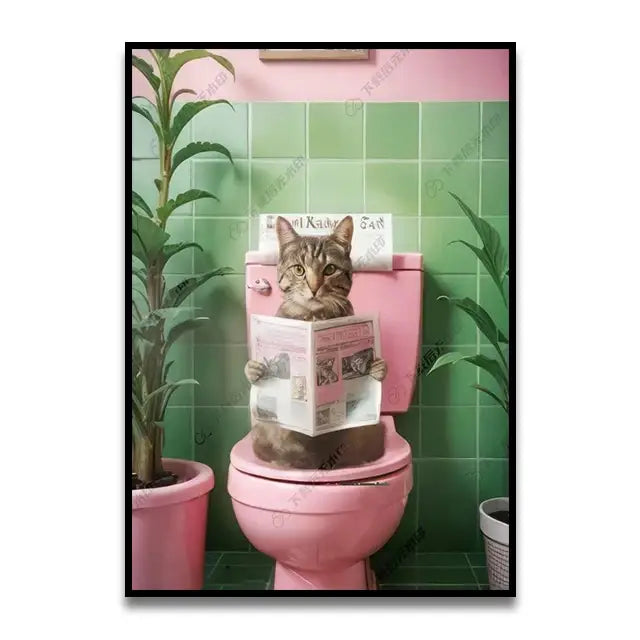 DecorBites™ cat reading on toilet canvas wall art featuring a tabby cat on pink toilet with green tiles and plants