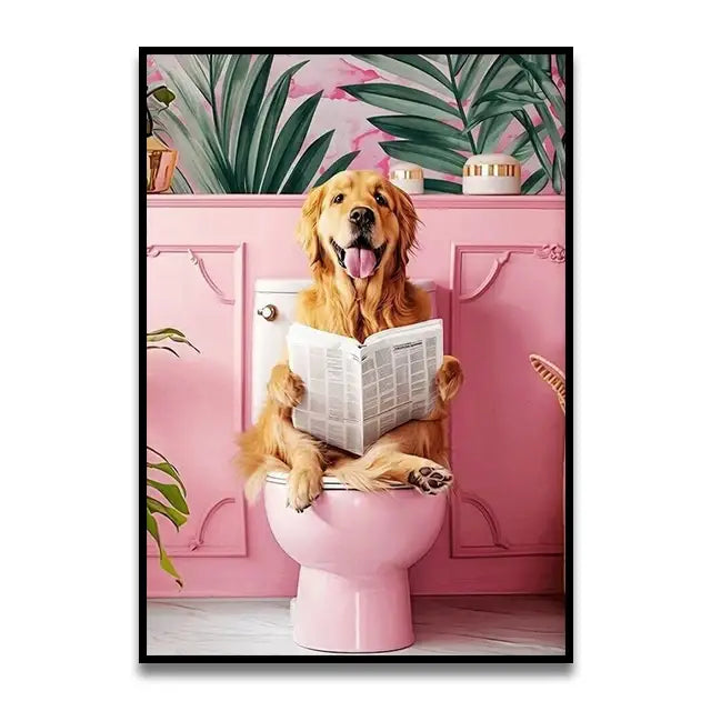 Decorbites™ cat reading wall art featuring a pink toilet canvas with a golden retriever reading a newspaper