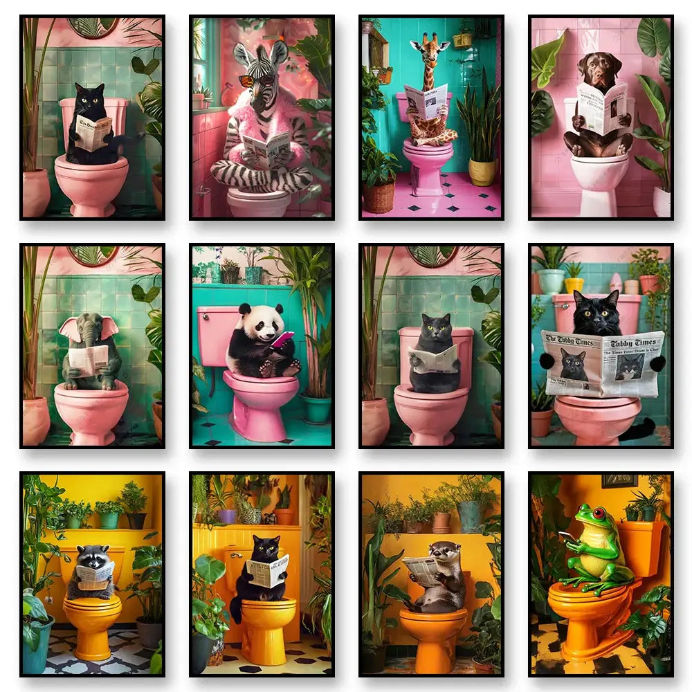 Decorbites™ cat reading toilet canvas wall art featuring whimsical framed prints of animals on colorful toilets