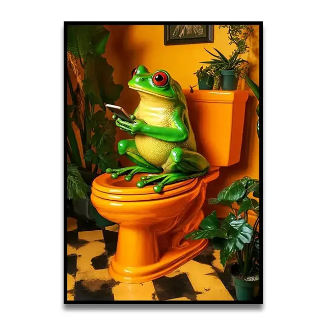 Decorbites™ cat reading toilet canvas wall art features a vibrant green frog with red eyes on an orange toilet holding a smartphone