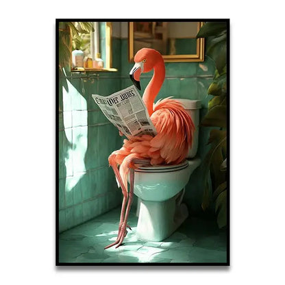 Decorbites™ vibrant pink flamingo canvas wall art perched on toilet holding newspaper for cat reading toilet canvas decor