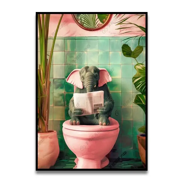DecorBites™ whimsical toilet canvas wall art featuring a gray elephant reading against green tiled walls and plants