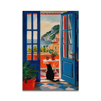 Decorbites™ cat reading wall art featuring a black cat on a checkered floor viewed through blue doors on toilet canvas
