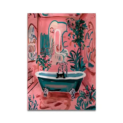 Decorbites™ cat reading wall art features a teal clawfoot bathtub in a pink room with plants on toilet canvas