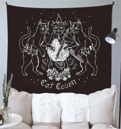 Decorbites cat witchcraft black rose tapestry featuring white line-art three cats around a cauldron wall hanging