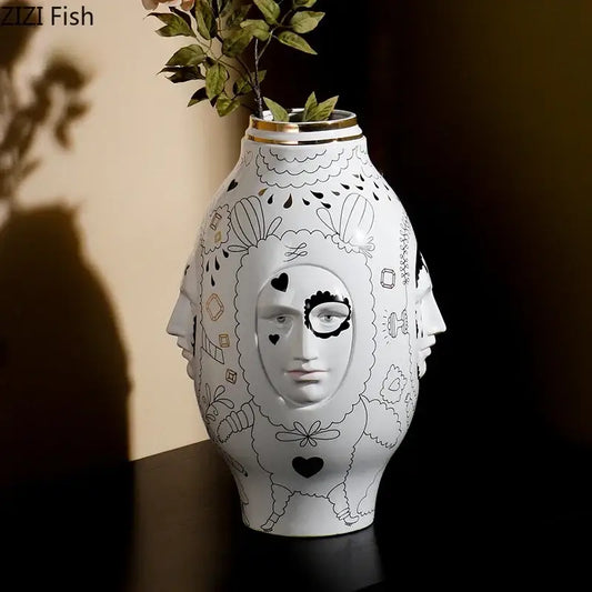 Decorbites™ ceramic vase desktop featuring white ceramic with gold rim and intricate black line art for floral arrangements