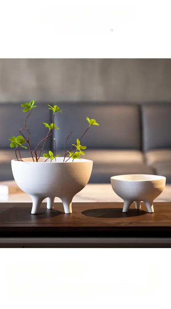 White ceramic flower pot with three legs holding small green plants in DecorBites™ ceramic flower pot tripod stand