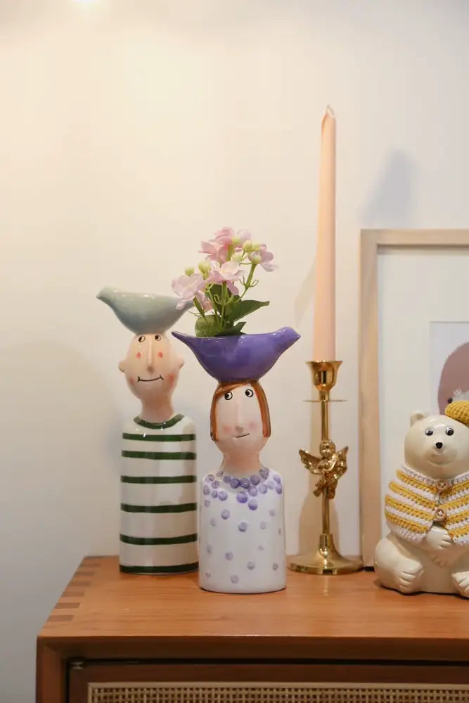 DecorBites™ ceramic vase set featuring a purple ceramic vase with polka dots and pink flowers for stylish home decor