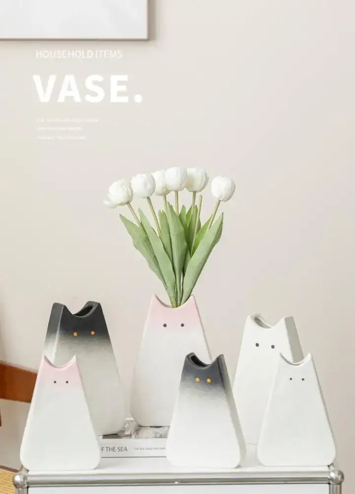 A set of five DecorBites™ charming cat ceramic vases in white-to-gray and pink-to-white gradient glazes for living room decor