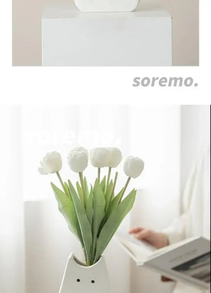 Decorbites charming cat-inspired ceramic vase in white holding artificial white tulips for living room decor