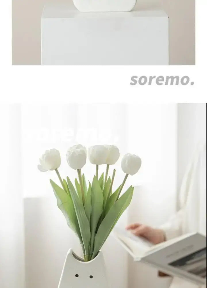 Decorbites charming cat-inspired ceramic vase in white holding artificial white tulips for living room decor