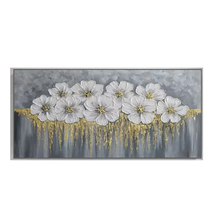 Decorbites™ cherry blossom canvas art featuring textured white flowers with gold centers for modern living room decor