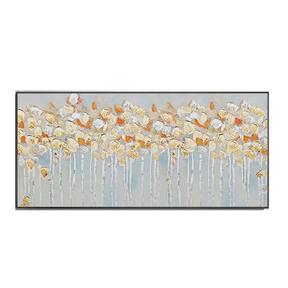 Modern abstract cherry blossom canvas art with cream gold and orange hues on soft gray for living room decor