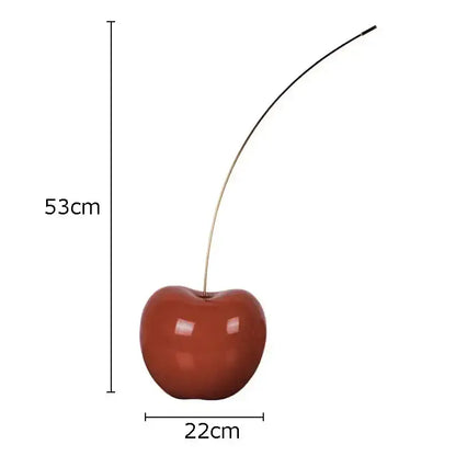 Glossy deep red cherry fruit sculpture with slender black stem resin decor for modern home or desk decoration