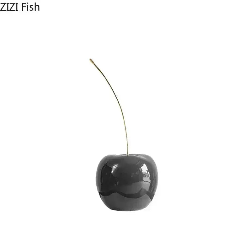 Shiny black ceramic cherry fruit sculpture with slender gold stem by DecorBites™ for modern home decoration