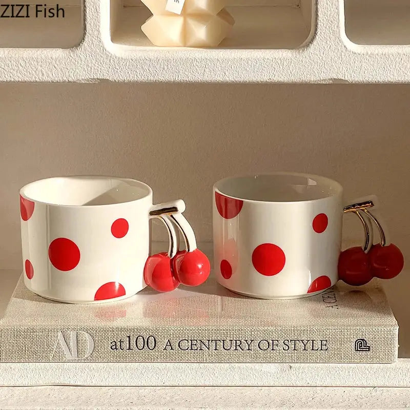 White ceramic coffee mugs with bold red polka dots and decorbites cherry handle gold plated porcelain design