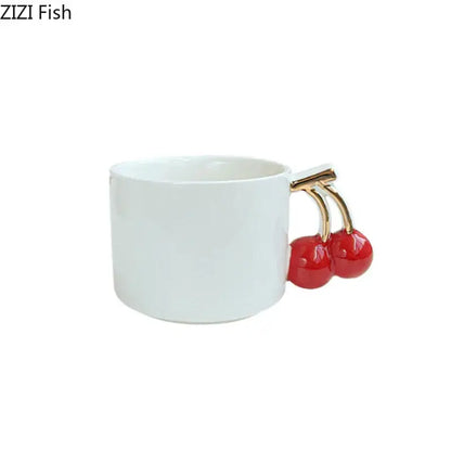 DecorBites™ white ceramic tea and coffee cup with a red cherry handle mug designed for dining table use
