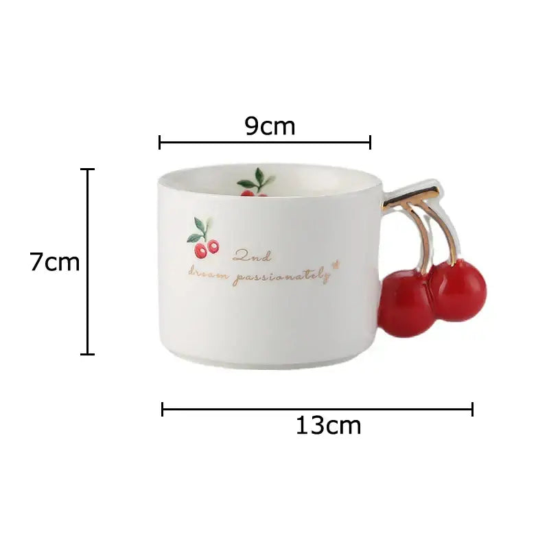 White ceramic cherry pattern porcelain coffee mug with red cherry handles and gold foil lettering for afternoon tea