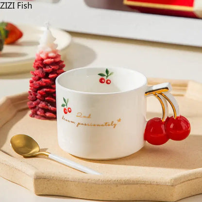 White ceramic porcelain coffee mug with cherry pattern porcelain and gilded edge for tea and juice use