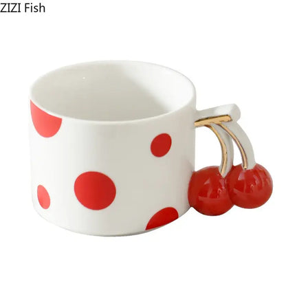 White ceramic decorbites cherry porcelain mug with red polka dots and cherry-shaped handle for coffee and tea