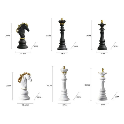 Black and white decorbites chess pieces figurines with gold accents elegant queen’s gambit decor for home and office