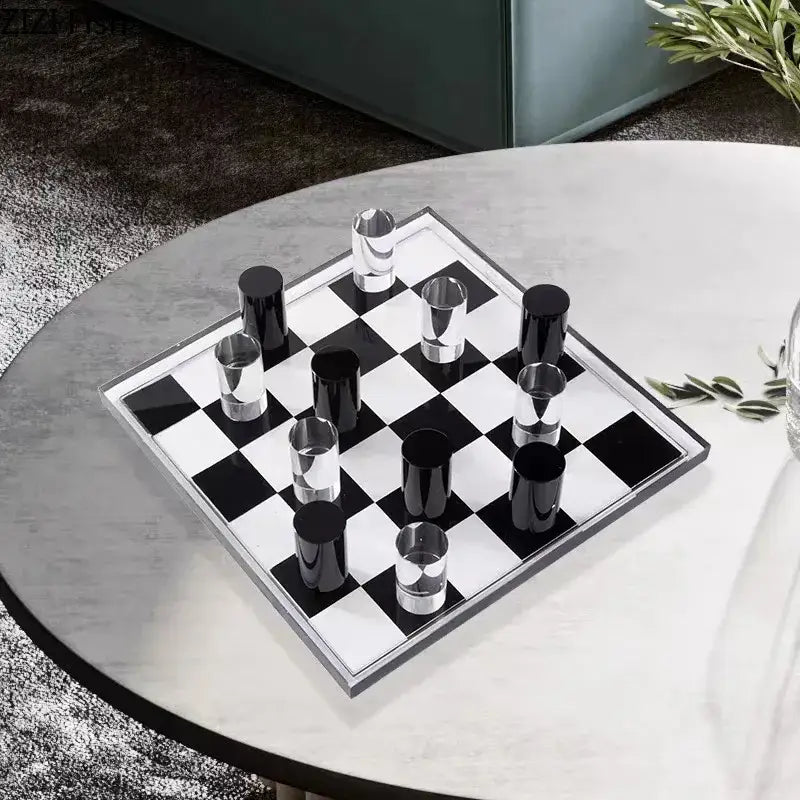 Decorbites chessboard desk ornament with black and silver glossy cylindrical pieces on mirrored chessboard for desk decor