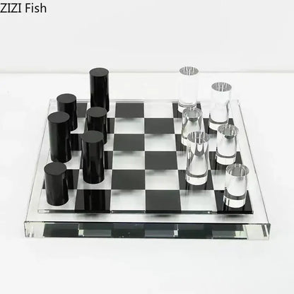 Modern acrylic decorbites chessboard desk ornament with sleek black and silver cylindrical pieces on a transparent board