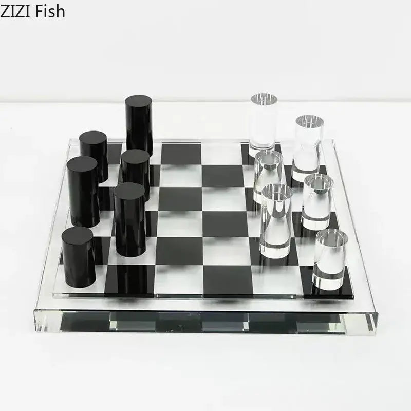 Modern acrylic decorbites chessboard desk ornament with sleek black and silver cylindrical pieces on a transparent board