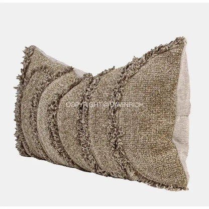 Beige DecorBites chestnut brown wabi lumbar pillow case with heavy texture and frayed layered woven fabric edges