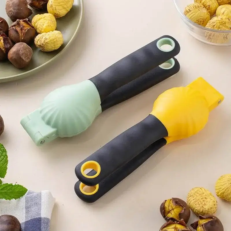 Decorbites chestnut machine nut cracker set with two silicone nut crackers in mint green and bright yellow with black handles