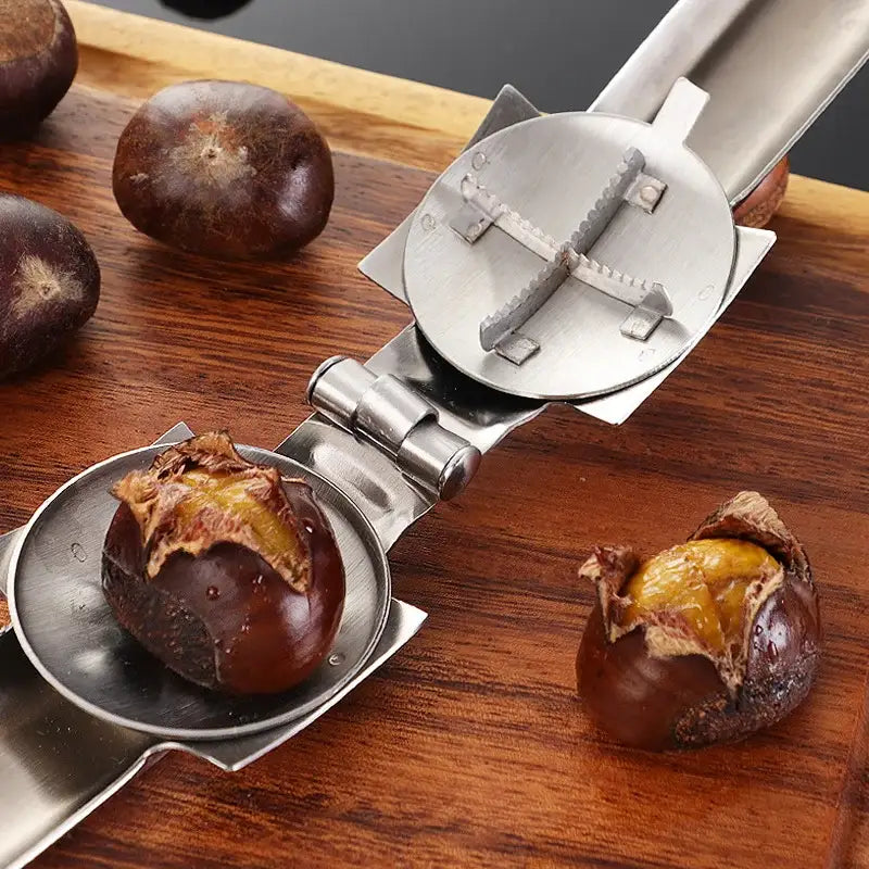 Stainless steel decorbites chestnut opener with hinged design and serrated pressing mechanism for easy shelling