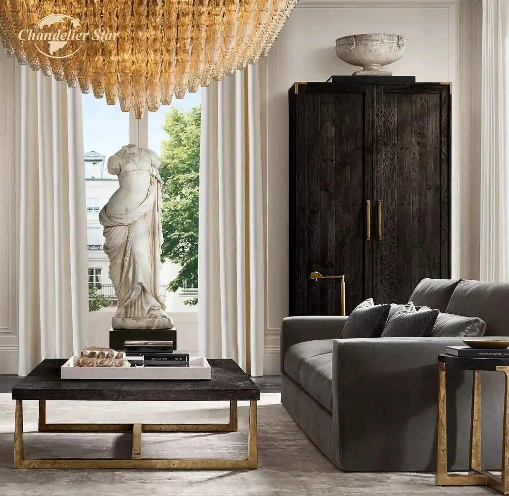 White marble statue of draped female figure on black pedestal featured with decorbites chiara glass led square chandelier