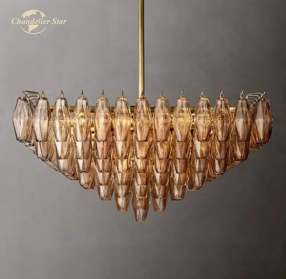 Modern amber glass chandelier with faceted teardrop crystals in a cascading tiered design by decorbites chiara glass led square