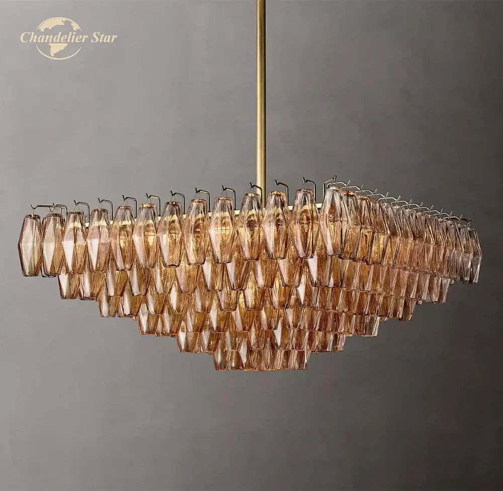 Decorbites chiara glass led square chandelier featuring tiered amber-tinted glass with crystal elements on brass rod