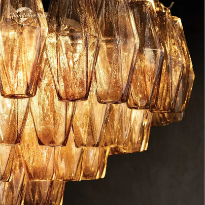 Golden amber decorbites chiara glass led square chandelier with faceted geometric pendant elements for living room lighting