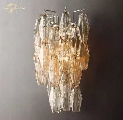 DecorBites chiara glass led wall sconce with cascading clear and amber faceted glass shades and sleek metal frame