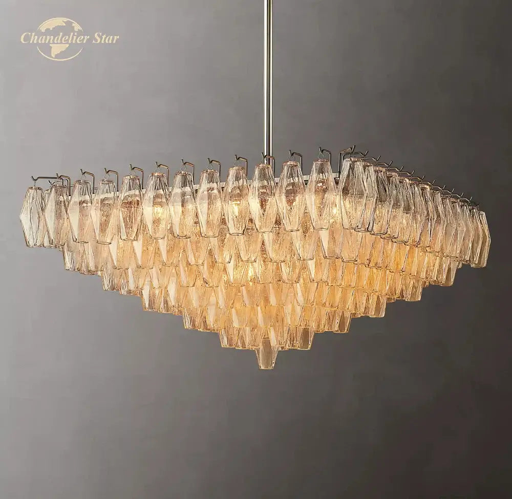 Decorbites chiara glass square led chandelier pendant light with amber-tinted faceted glass crystals and metallic rod
