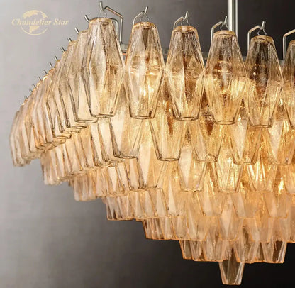 Golden faceted glass square LED chandelier pendant light fixture with tiered design and metallic hooks by DecorBites Chiara Glass