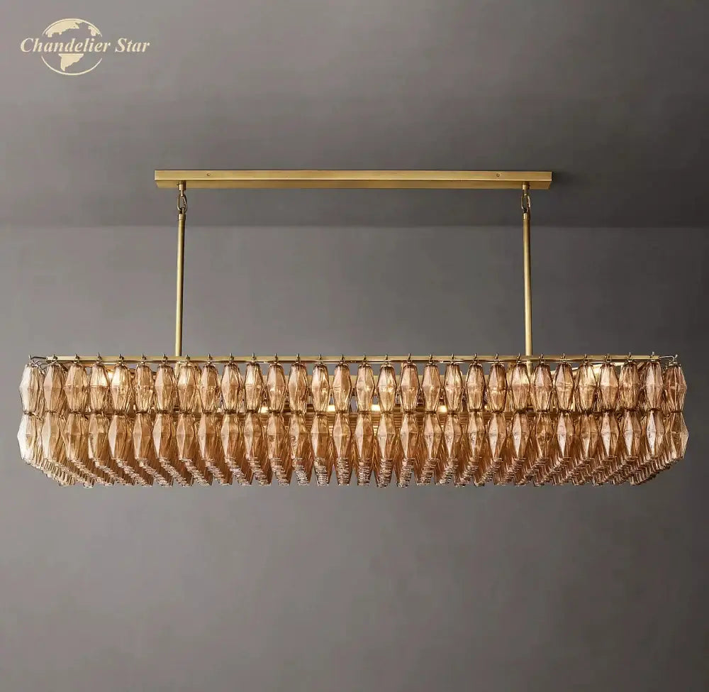 Gold-toned decorbites chiara smoke glass linear chandelier with faceted amber crystals for dining and living room