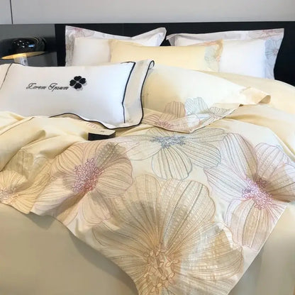 Cream-colored satin decorbites chic embroidered cotton bedding set with floral embroidery and love you pillow sham