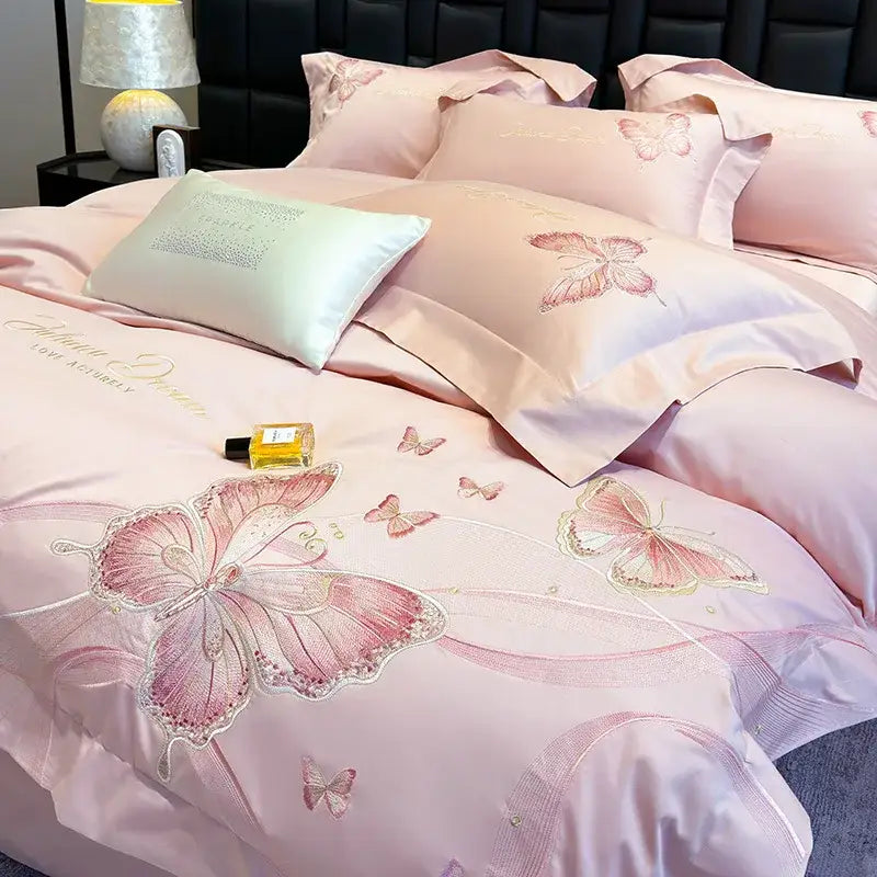 Pink satin bedding set with intricate embroidered butterflies and shimmering details decorbites chic embroidered cotton