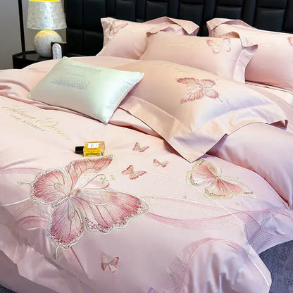 Pink satin bedding set with intricate embroidered butterflies and shimmering details decorbites chic embroidered cotton