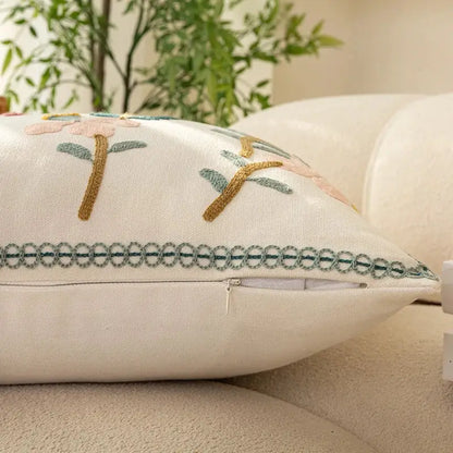 Cream-colored decorbites chic floral geometric cushion cover with delicate pink green and gold embroidery 45x45cm