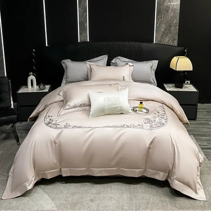 Luxurious blush pink satin bedding set with silver floral embroidery by decorbites chic flowers embroidery 1000tc egyptian cotton