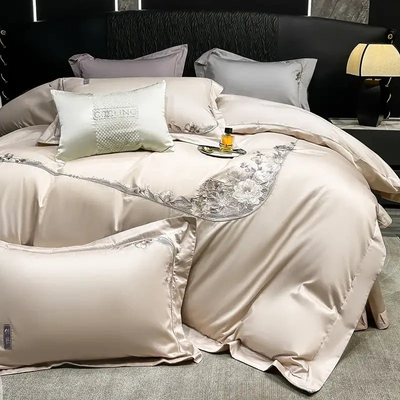 Beige satin bedding set with decorbites chic flowers embroidery made of 1000tc egyptian cotton luxury fabric